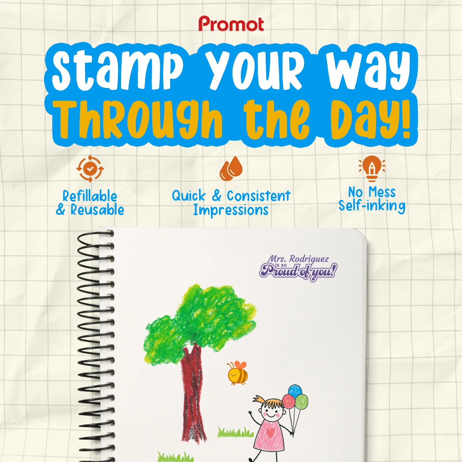 Teacher Custom Rubber Stamp "Proud of You" - Medium with clean, quick, and reusable self-inking impressions.